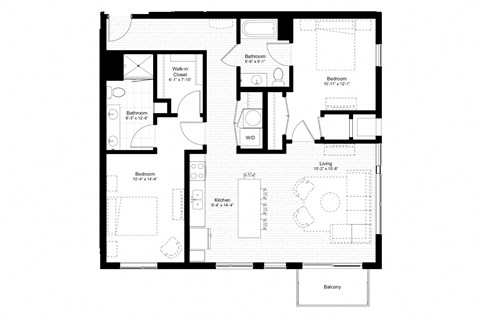 Floor plan for 2 beds, 2 baths, 1201 sqft